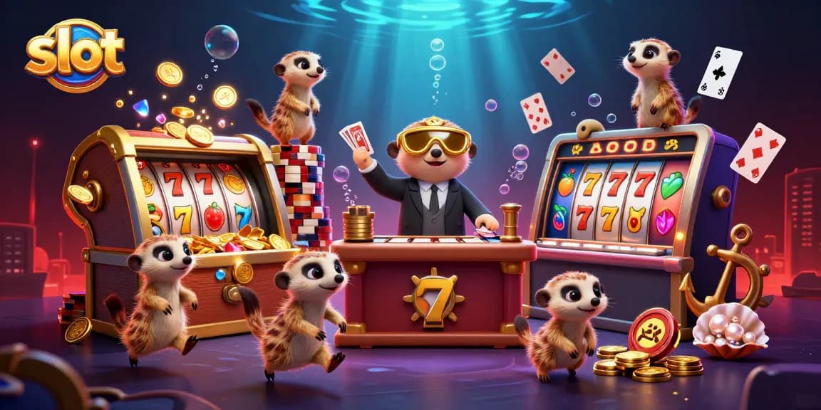 Engaging meerkats overseeing a vibrant slot gaming scene with spinning reels and treasure, promoting thrilling casino action.