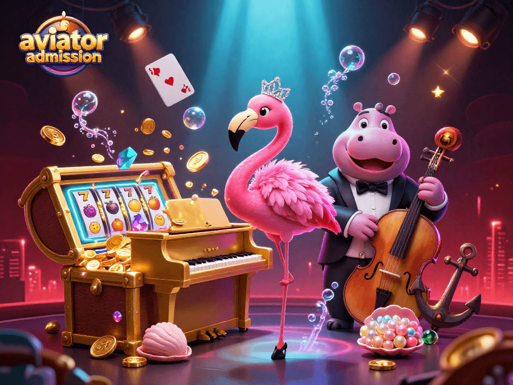 Play the Aviator admission game with vibrant casino-themed 3D illustration showcasing interactive elements and dynamic characters.