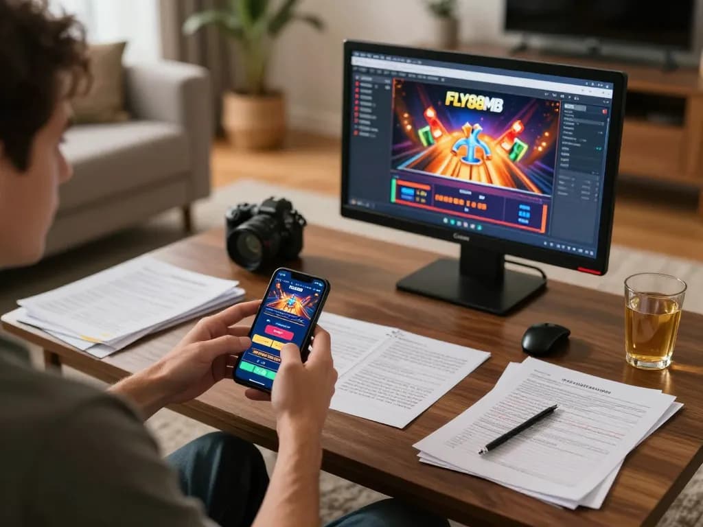 Engaged player using fly88mb app for online casino gaming in a cozy home setting