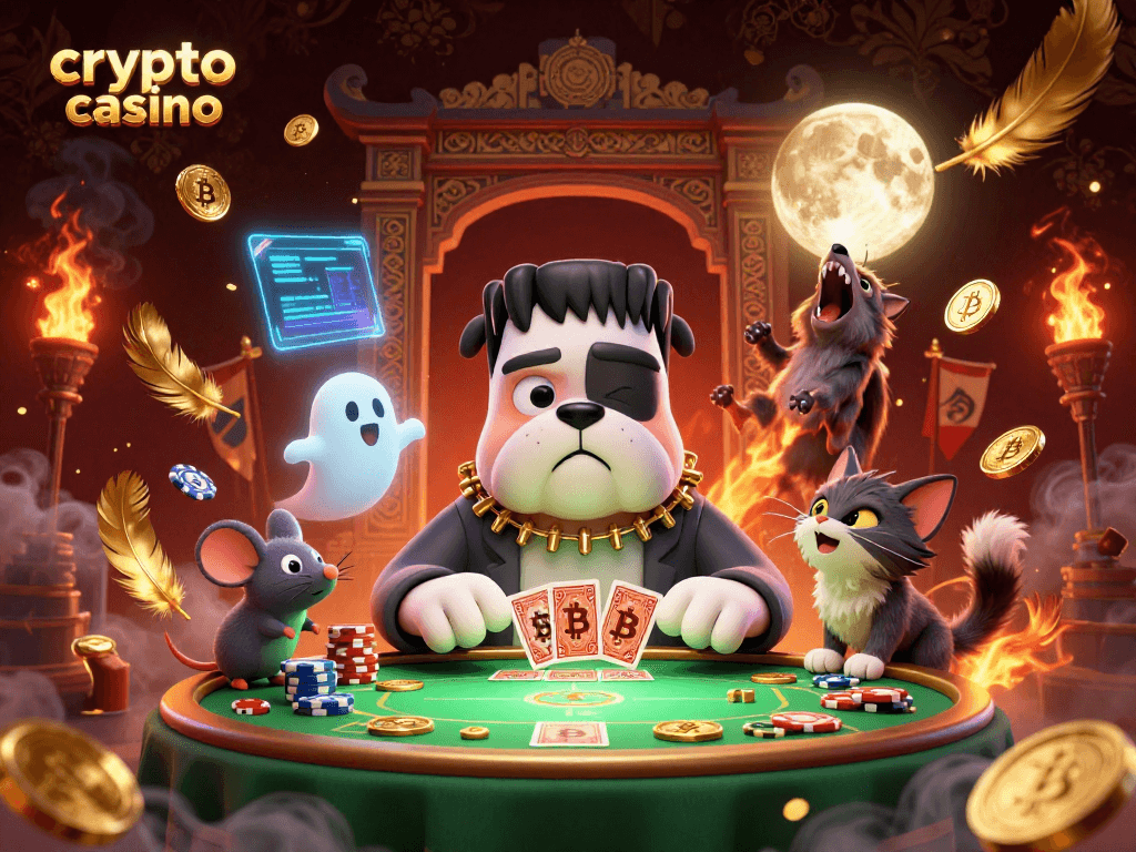 Engage in a lively crypto casino with a Frankenstein bulldog and werewolf kitten.