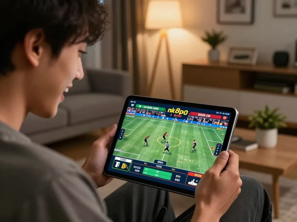 Engaged player using nk88 nhà cái for live sports betting on tablet in a cozy setting.