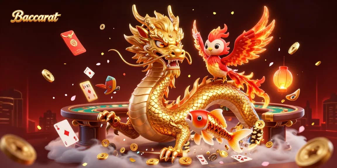 Experience exhilarating Baccarat as a golden dragon and phoenix soar amidst lavish casino elements.