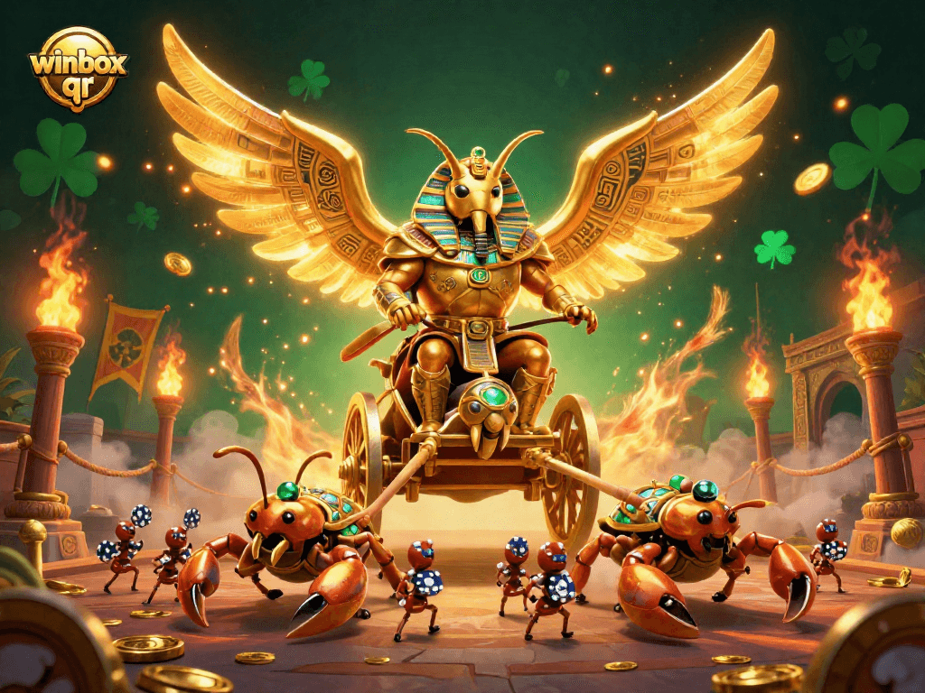 Engage with winbox qr through an exciting casino adventure illustrated with a golden beetle and chariot.