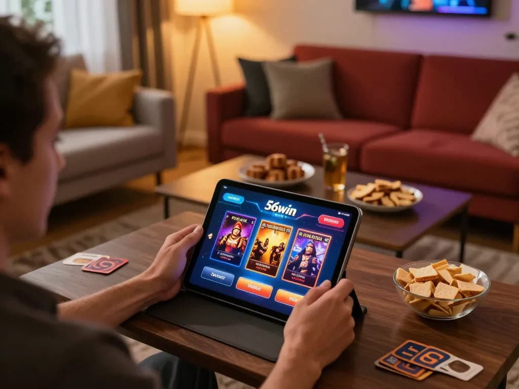Player enjoying a strategic gaming session with 56win online casino interface on a tablet in a comfortable home environment