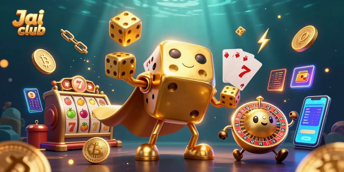 Jai club showcases fast gameplay with a vibrant 3D illustration of a golden dice golem and slot game elements.