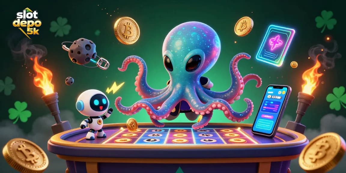 Slot depo 5k menampilkan alien gurita dengan permainan slot melayang dan robot kecil yang bersemangat.