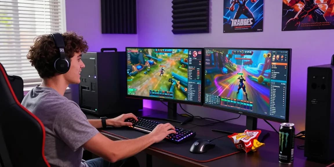 Gaming setup with mahajitu logo, vibrant screens, and immersive atmosphere
