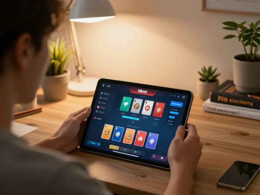 Engage in game rikvip on a tablet, with cozy home ambiance, showcasing interactive gameplay.
