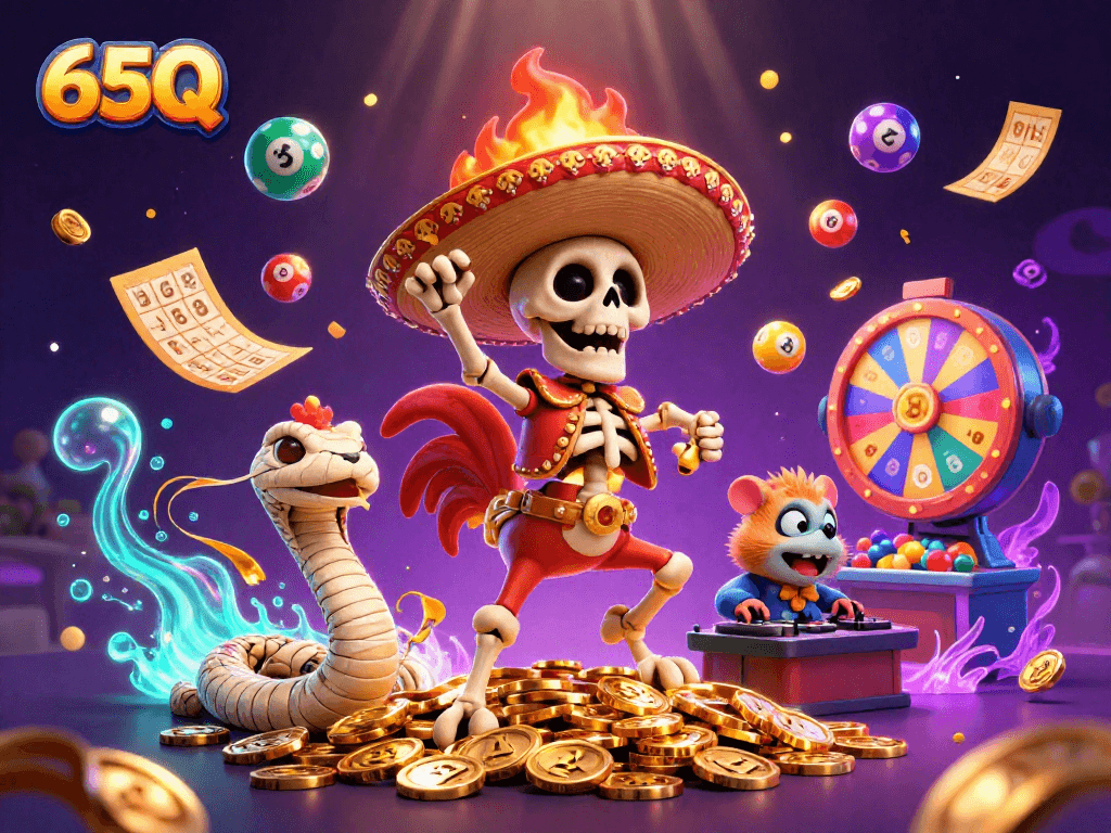 Ganhe no Casino 65Q com personagens divertidos dançando em moedas douradas