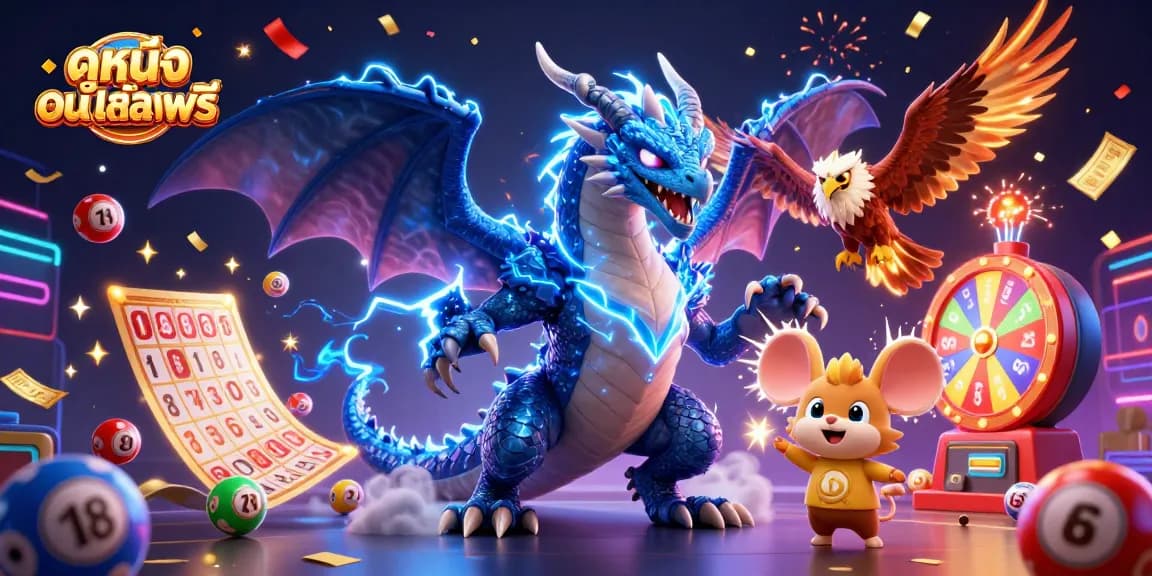 Engage with ดูหนังออนไลน์ฟรี in this vibrant 3D scene featuring thunder dragon and lottery elements.