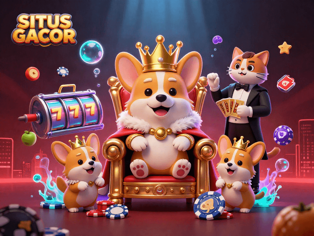SITUS GACOR thrills with a royal corgi atop poker chips, showcasing vibrant slot reels and rich casino elements.