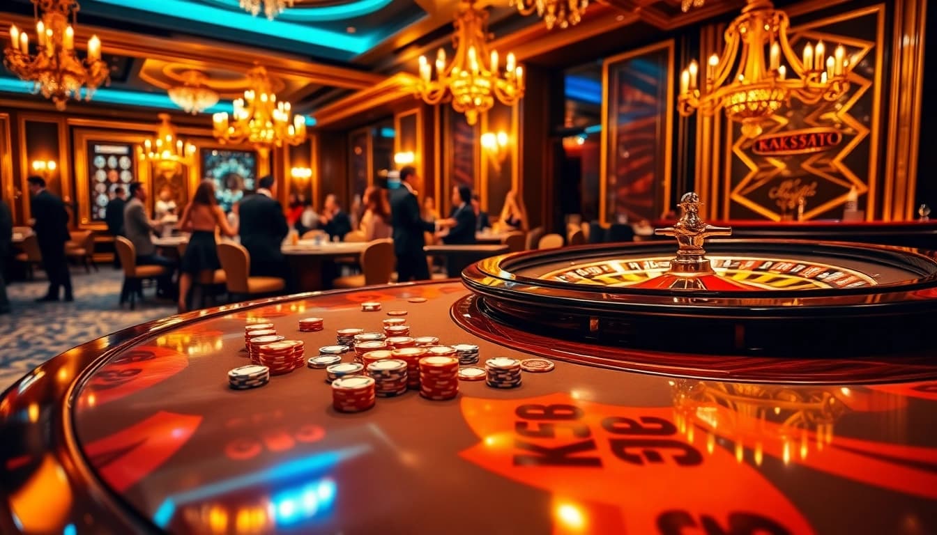 Engage in a KK55-themed casino scene featuring vibrant poker chips and excited players at the table.