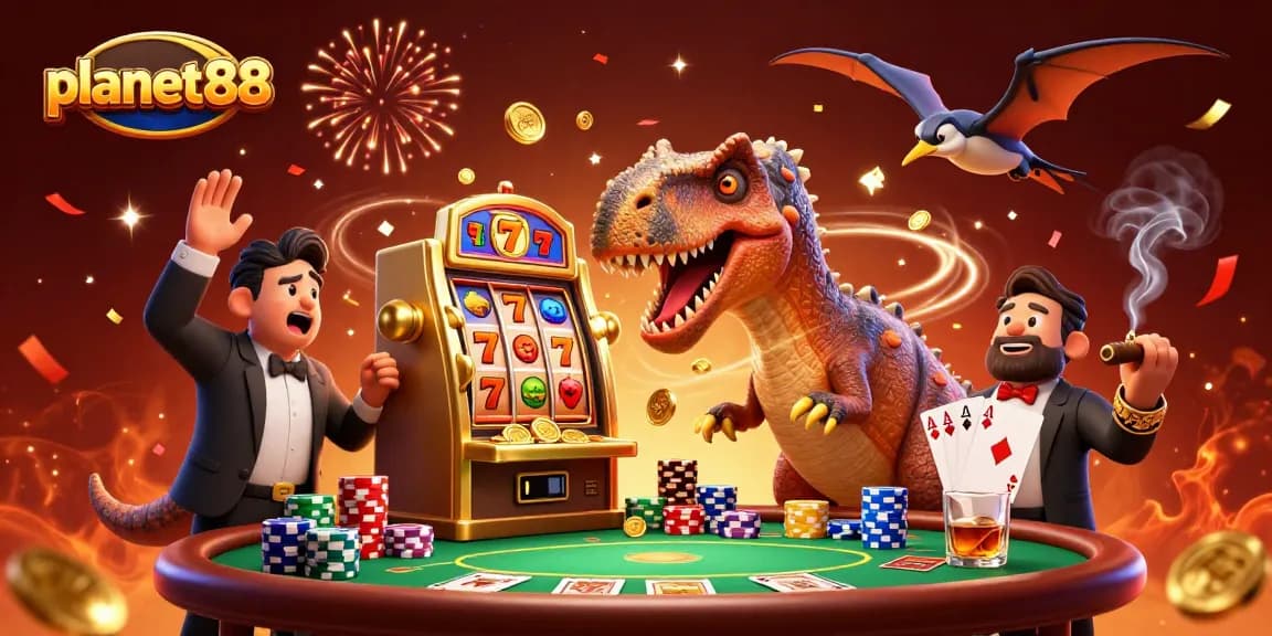 planet88 players winning jackpots with an exciting 3D casino scene full of gold coins and vibrant elements