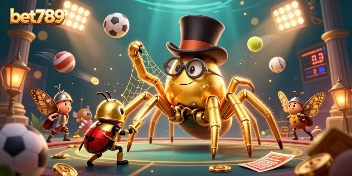 Engage with bet789's thrilling gaming experience showcasing a golden tarantula weaving between casino pillars.
