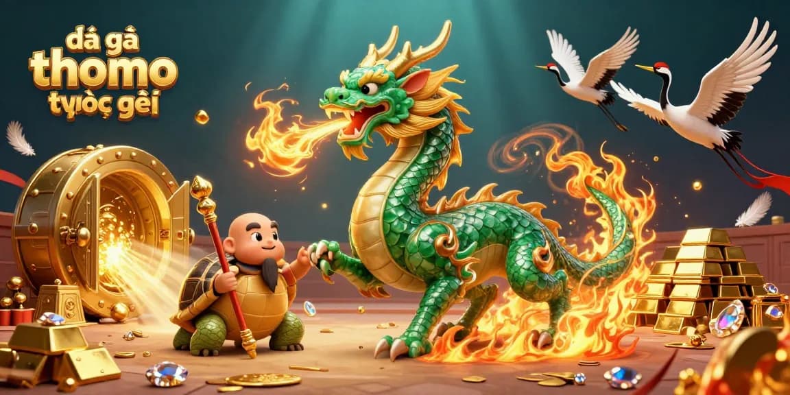 Experience the excitement of đá gà thomo trực tiếp with golden treasures and dynamic fighting elements.