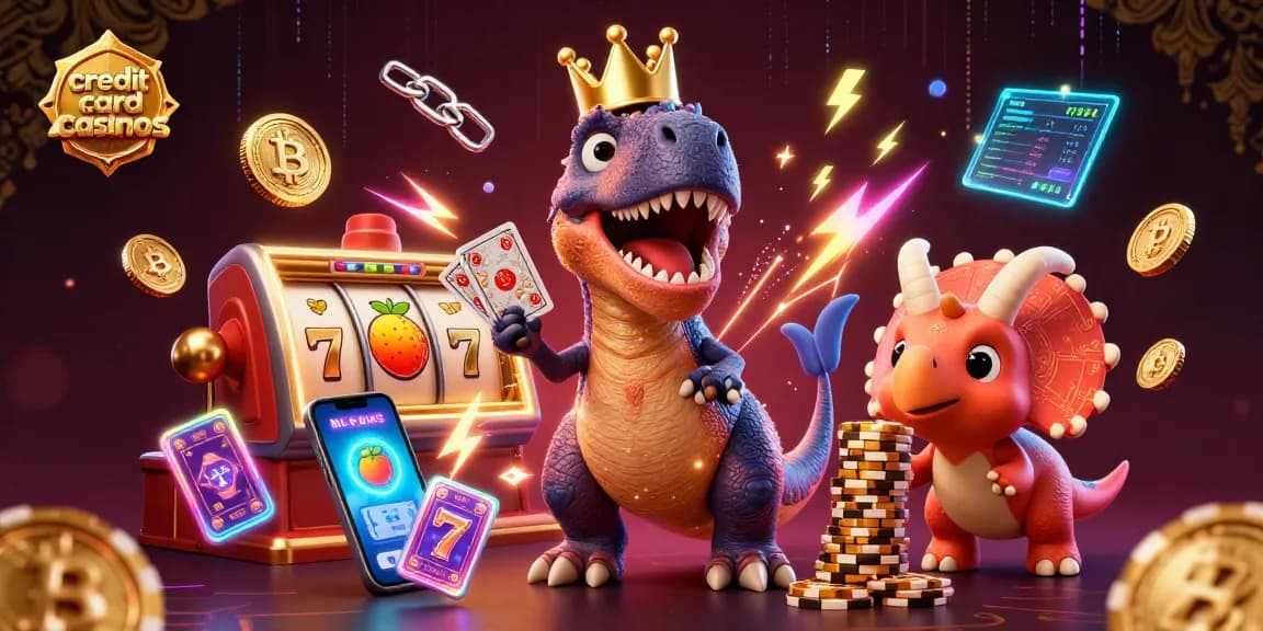 Engage in exciting gameplay at credit card casinos with T-Rex and friends depicted in 3D illustration.
