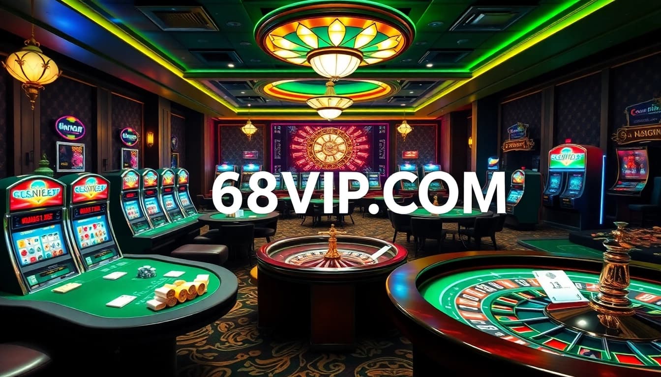 Engaging scene of 68VIP.COM showcasing vibrant casino tables and slot machines.