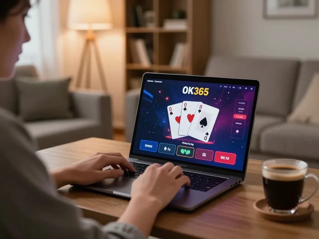 Engaging in online gaming on OK365 đăng nhập screen in a cozy home setting, showcasing strategic betting.