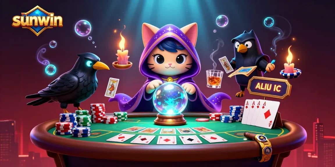 Experience thrilling moments at Sunwin with a mystical cat fortune teller and tarot raven in a vibrant casino scene.
