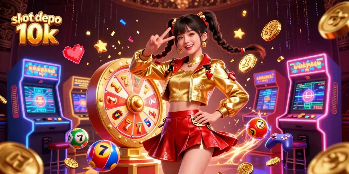 Engage with slot depo 10k in this vibrant 3D illustration showcasing a female gamer surrounded by colorful slot game elements.