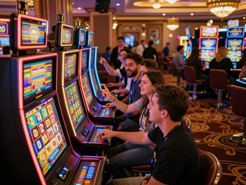 Players engaging with situs slot gacor at colorful slot machines, showcasing excitement and community.