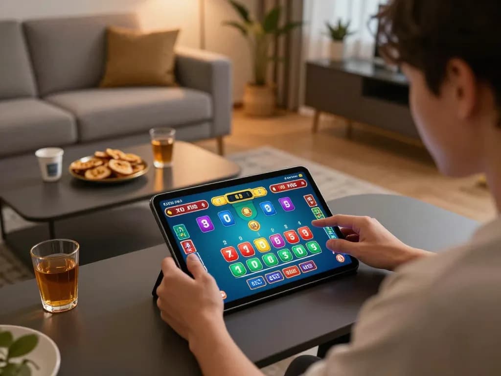 xóc đĩa online gameplay on a tablet in a modern living room with a cozy atmosphere