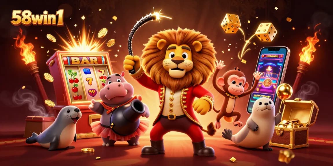 Experience the excitement with 58win1's vibrant casino-themed illustration with dynamic characters and gaming elements.