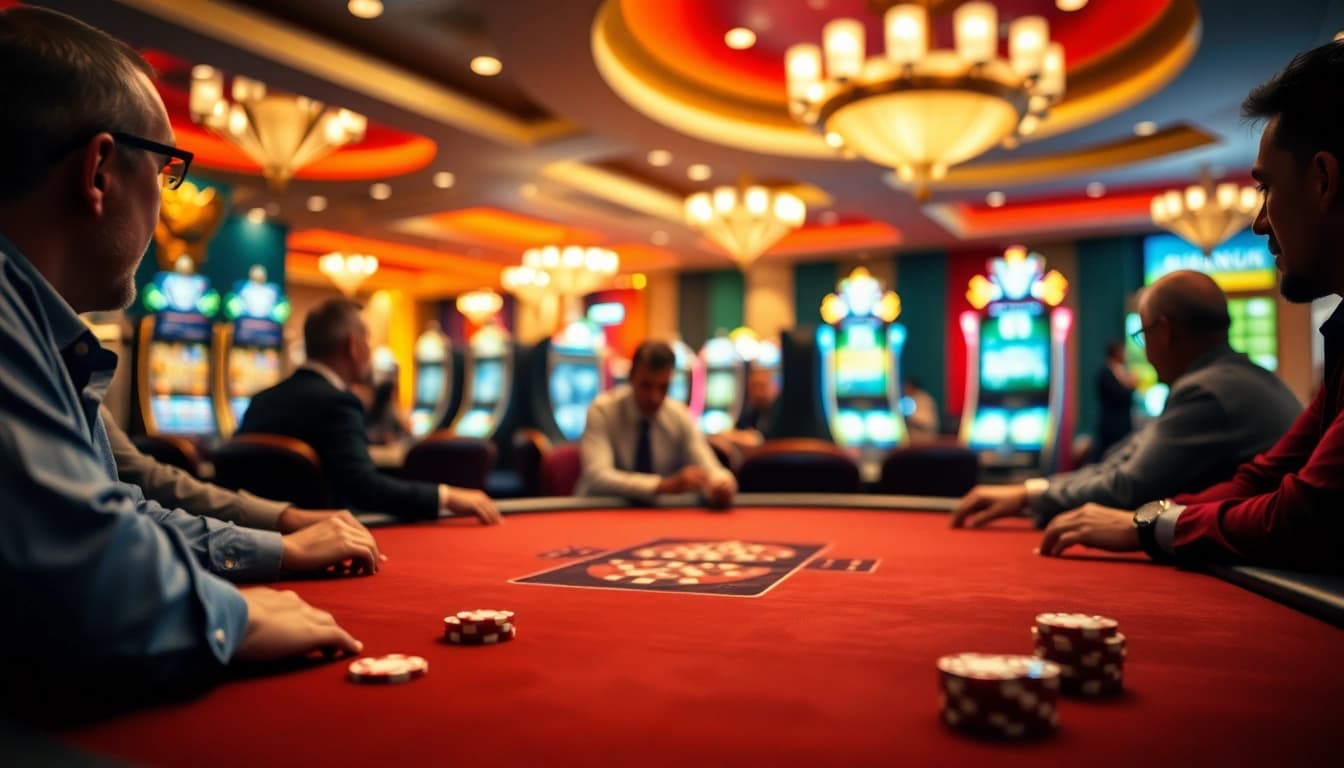 Spieler beim casinospielen an einem eleganten Pokertisch in einem Casino.