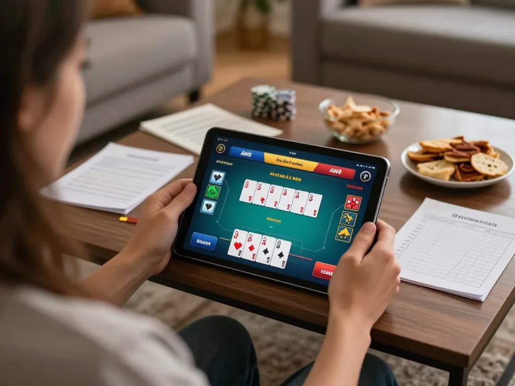 Player engaging in online gambling on the AW8 app while analyzing betting strategies in a cozy home.