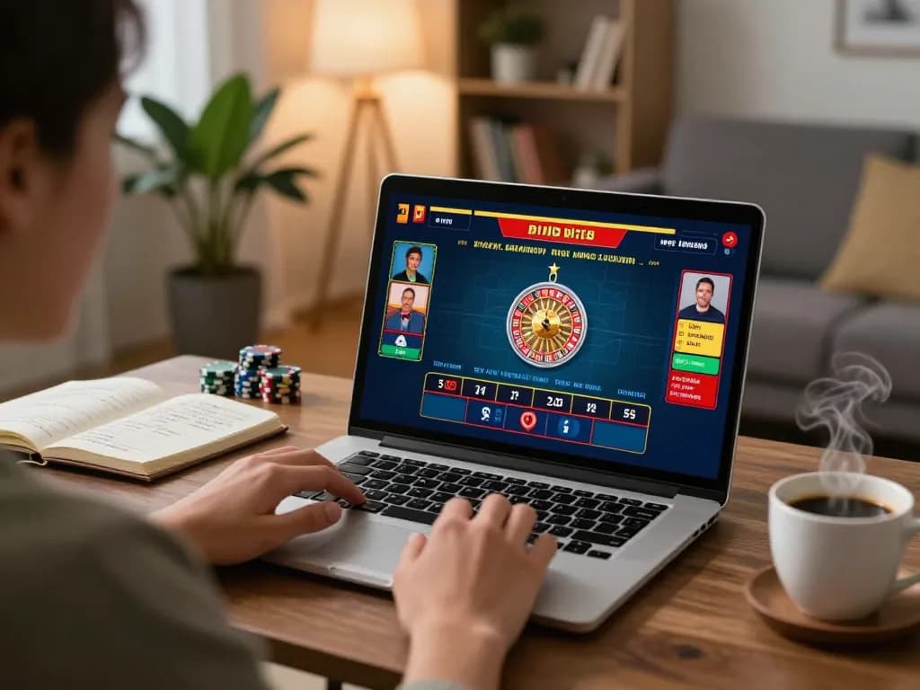 UU88 online gaming scene with live dealer roulette, cozy home atmosphere, strategic notes visible.