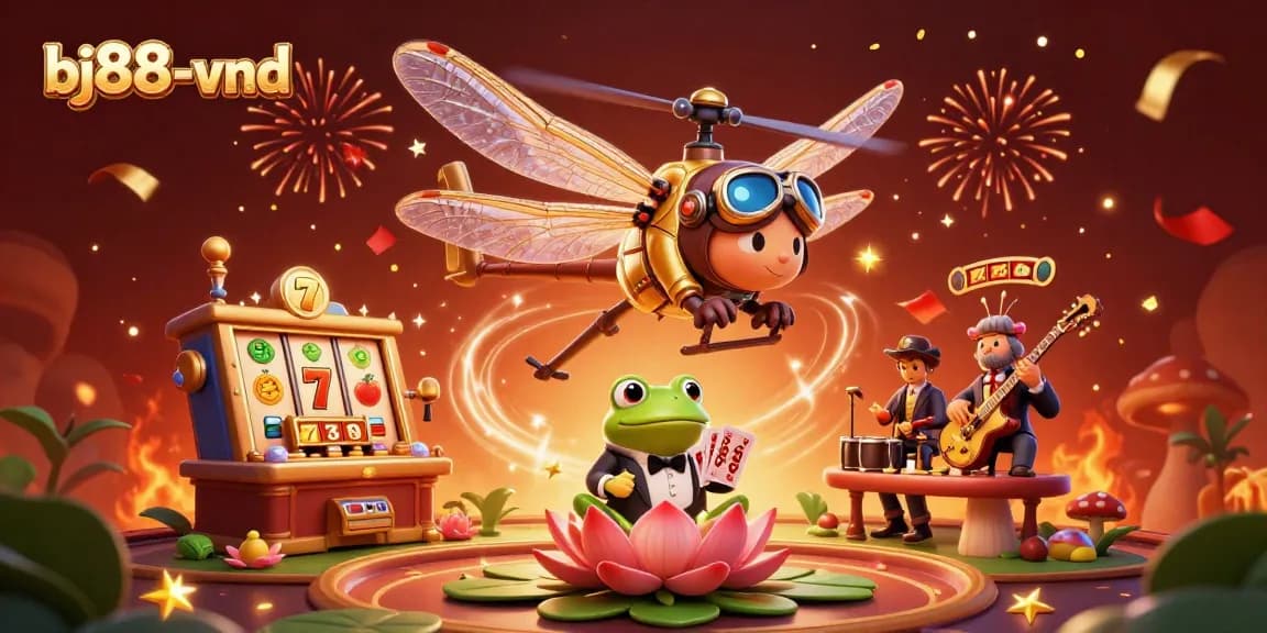 Experience the thrill of slots action at bj88-vnd with a colorful 3D dragonfly pilot and frog dealer.
