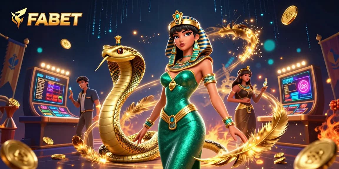 Experience thrilling betting moments at FABET with stunning visuals of a casino character and gold elements.