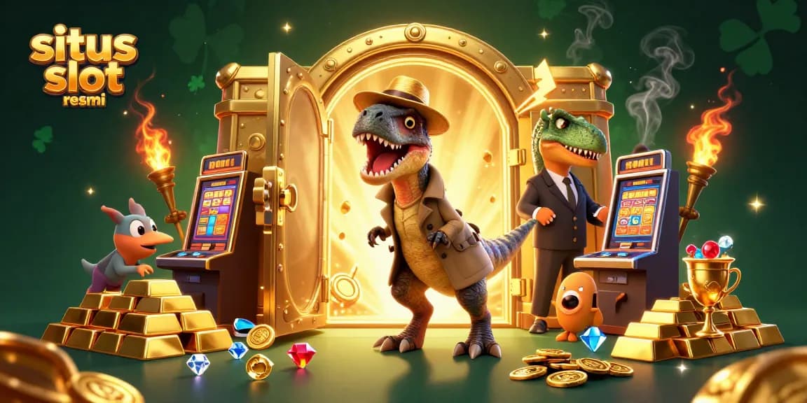 Experience the fun at situs slot resmi with a velociraptor card counter amid treasures and excitement.