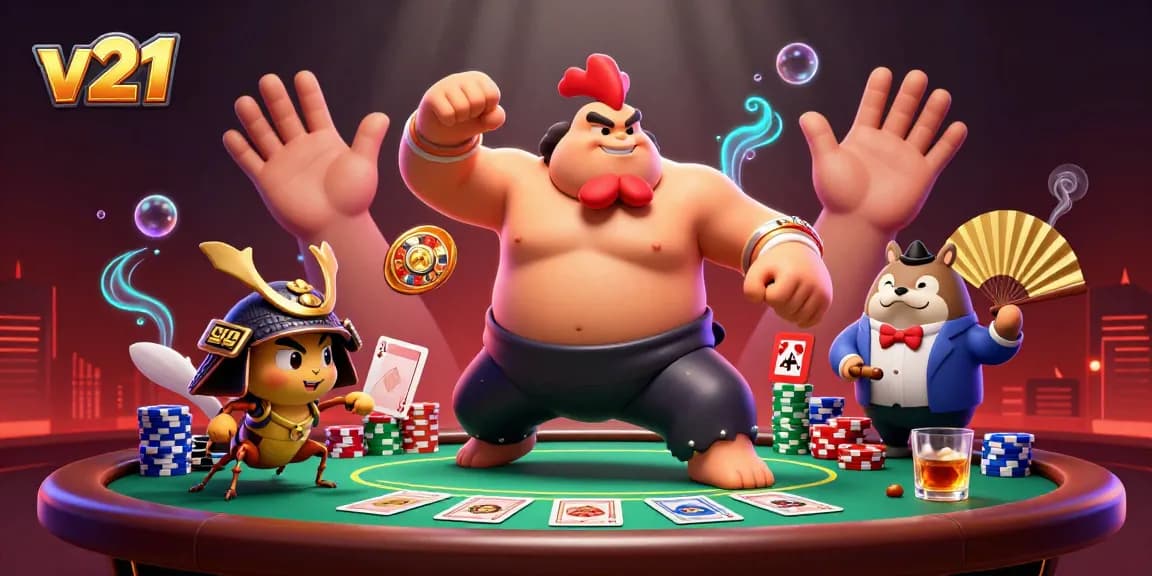 v21 memperlihatkan ilustrasi kasino yang penuh aksi dengan karakter unik dan elemen permainan poker