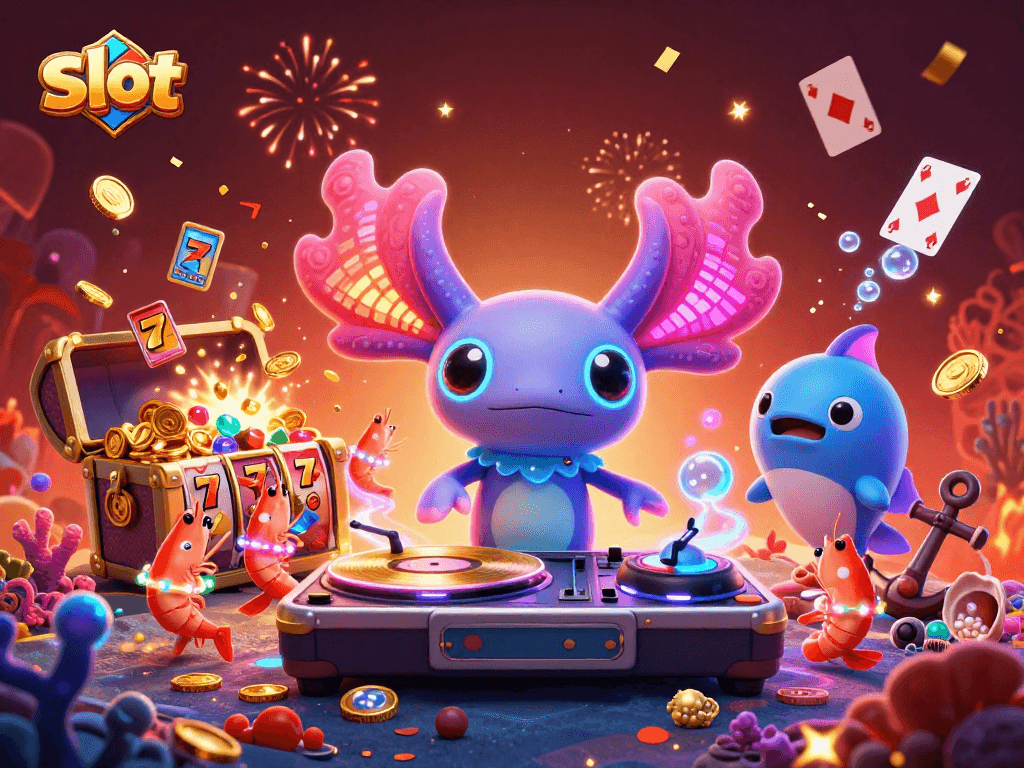Spin the slot reels with vibrant characters in this lively underwater casino scene.