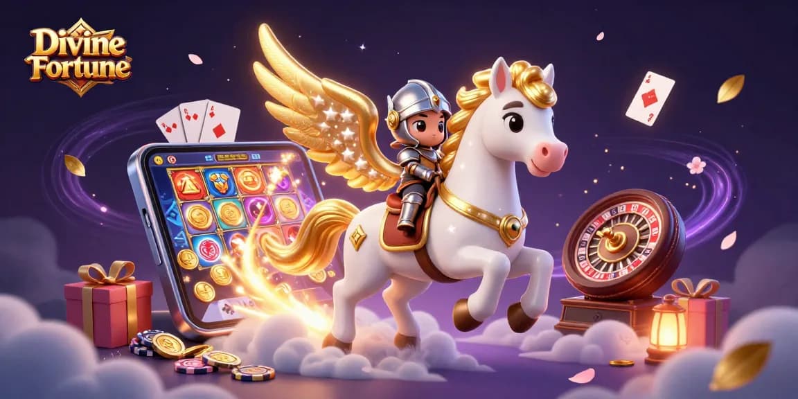 Play Divine Fortune with a celestial horse and knight amidst dynamic casino elements and vibrant visuals.
