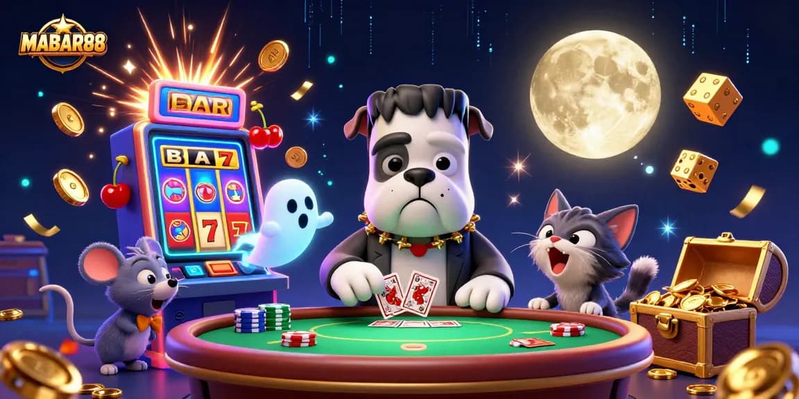 Play exciting poker with MABAR88 surrounded by vibrant casino elements and lively characters.