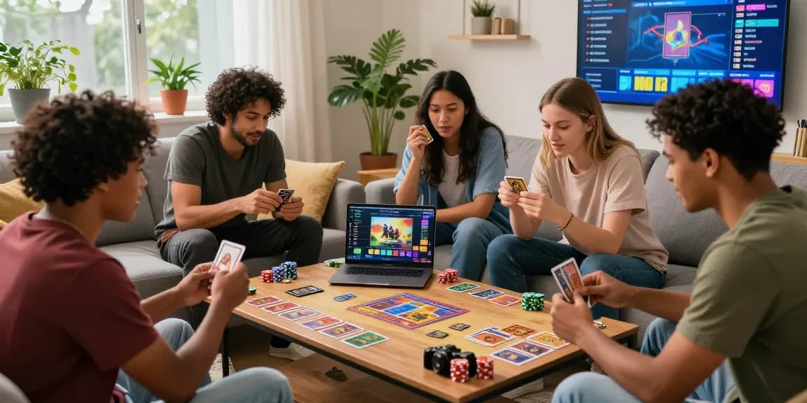 Friends enjoying card games online with gamebaidoithuong is interface, lively atmosphere and vibrant decor.