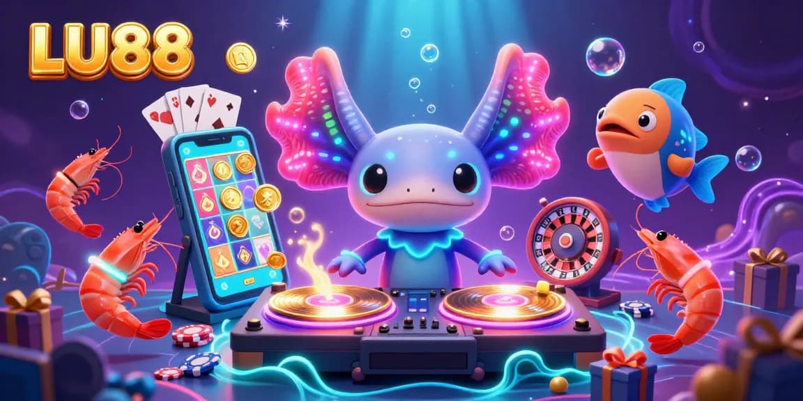 LU88 showcases an energetic 3D vibrant casino scene with a DJ and glowing game elements.