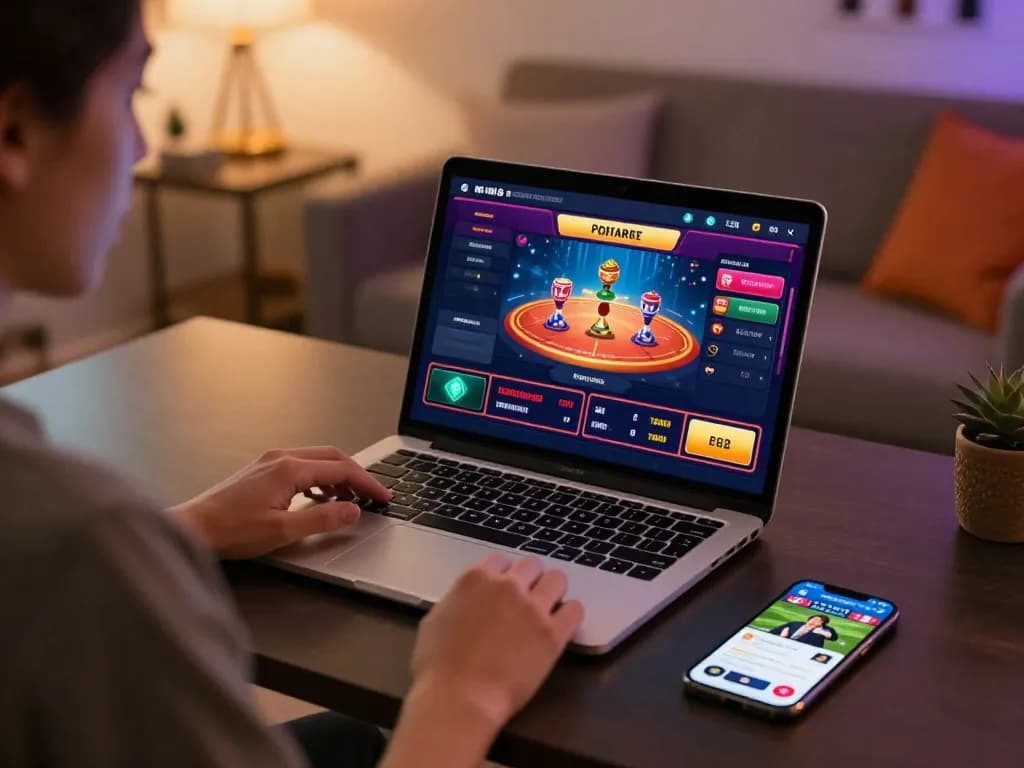 Engaging online gaming experience on bongdalu88 with laptop and sports betting app.