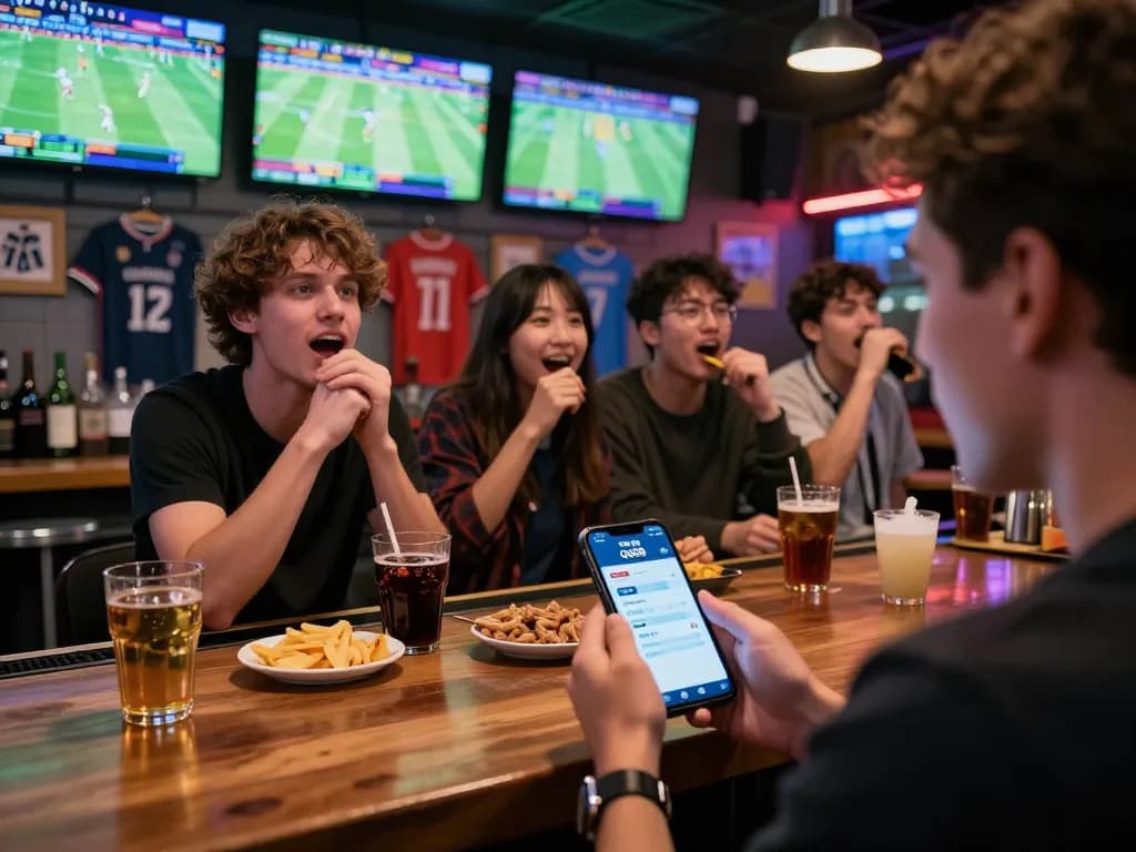 A sports bettor placing live bets on qq88 from a mobile app while watching the game with friends.