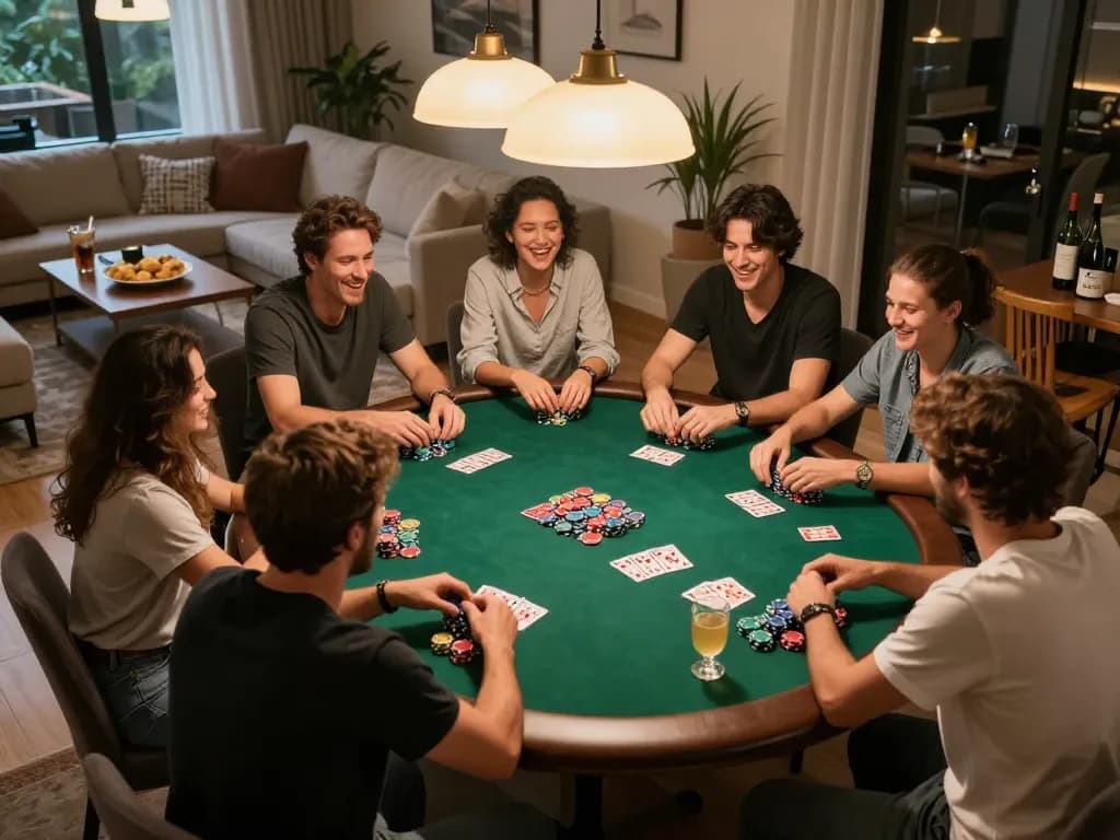 Xóc đĩa game scene with players betting, showcasing chips and cards in a friendly home setting.