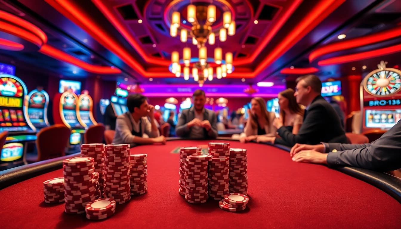 Experience exhilarating gameplay at bro138's lively casino, featuring poker action and vibrant slot machines.