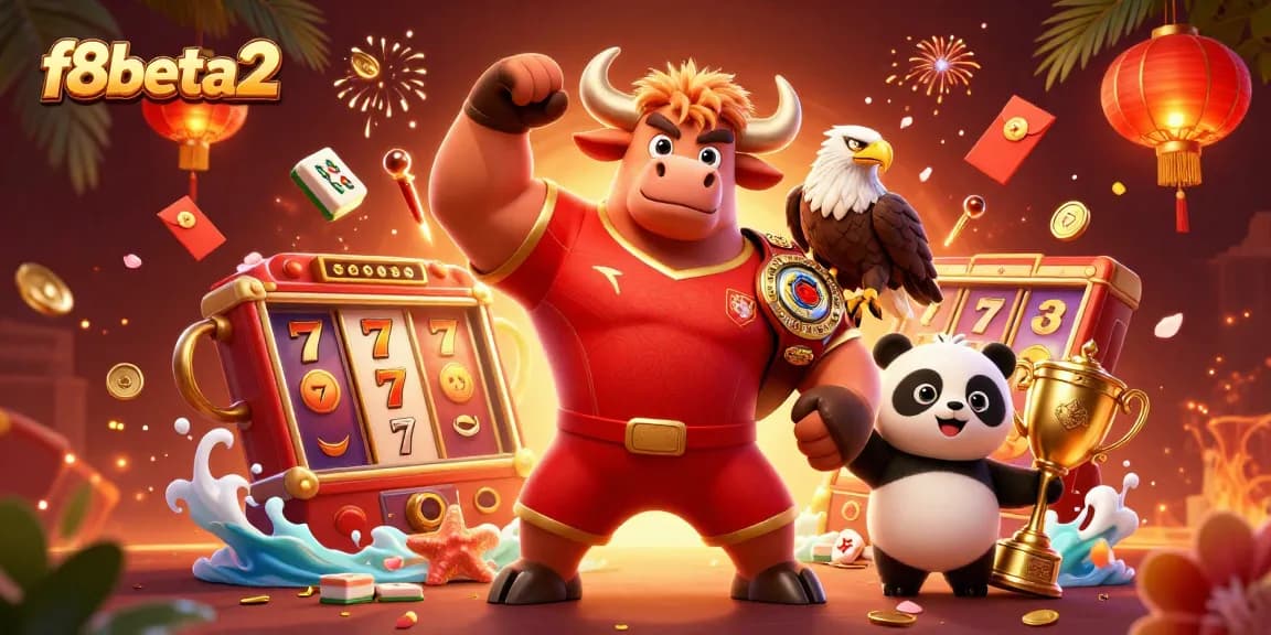 Engage with exciting f8beta2 slots featuring a vibrant scene of mascots celebrating jackpot wins and festive elements.