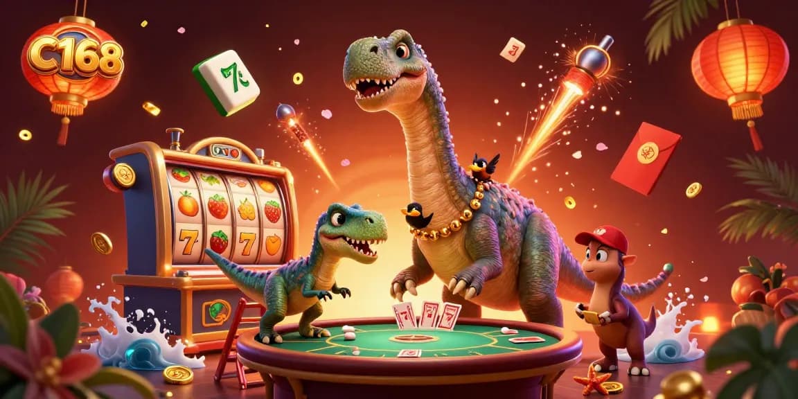 C168 casino scene with a giant brontosaurus and a raptor dealer, showcasing vibrant slot game elements.