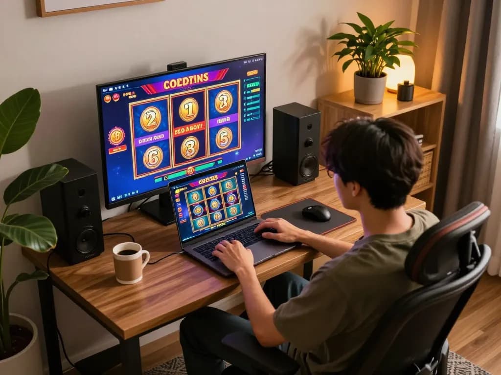 Engaged player exploring God55 online casino on laptop in cozy setting with warm lighting