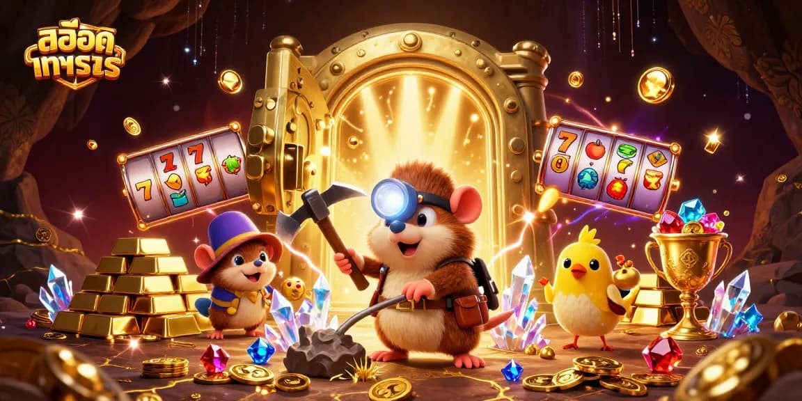 Spin the reels with สล็อตทดลอง while a treasure hunter searches for jewels in a vibrant casino scene.
