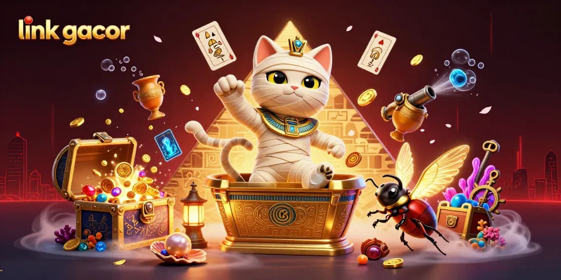 Engage with the mystical link gacor experience featuring a mummy cat and precious treasures.