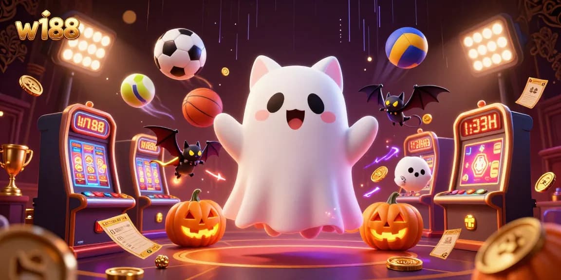 w188 elevates your gaming with a vibrant haunted casino scene filled with festive elements and dynamic sports.