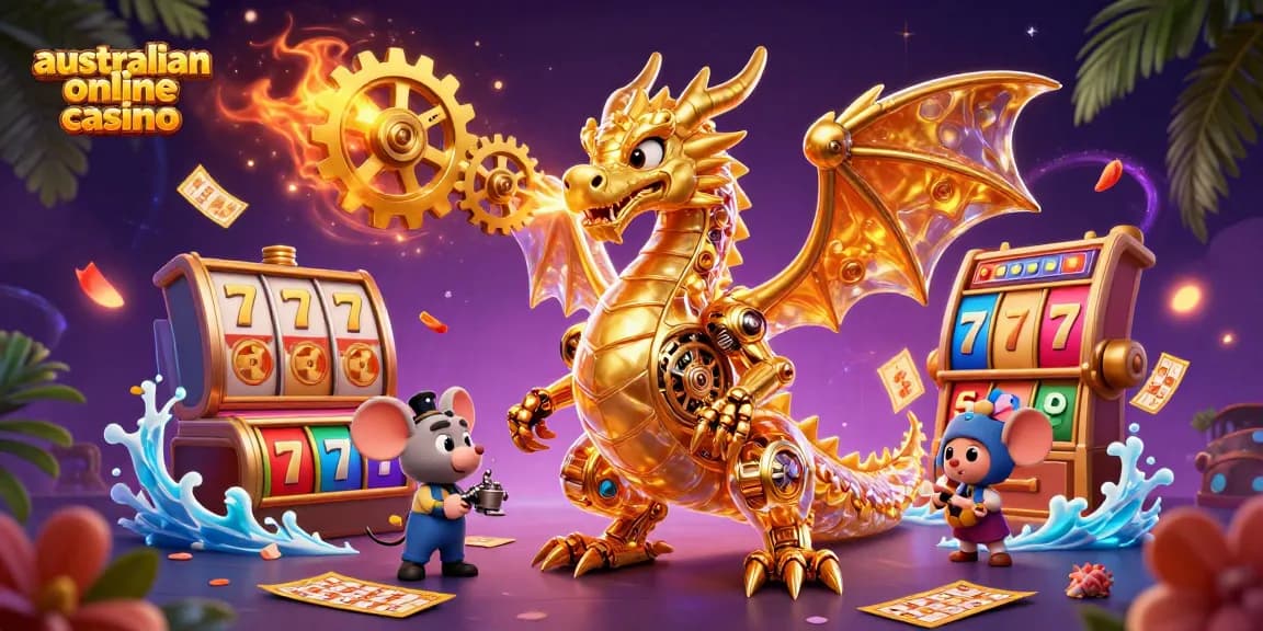 Experience the excitement at an australian online casino with dynamic slot reels and a golden dragon.